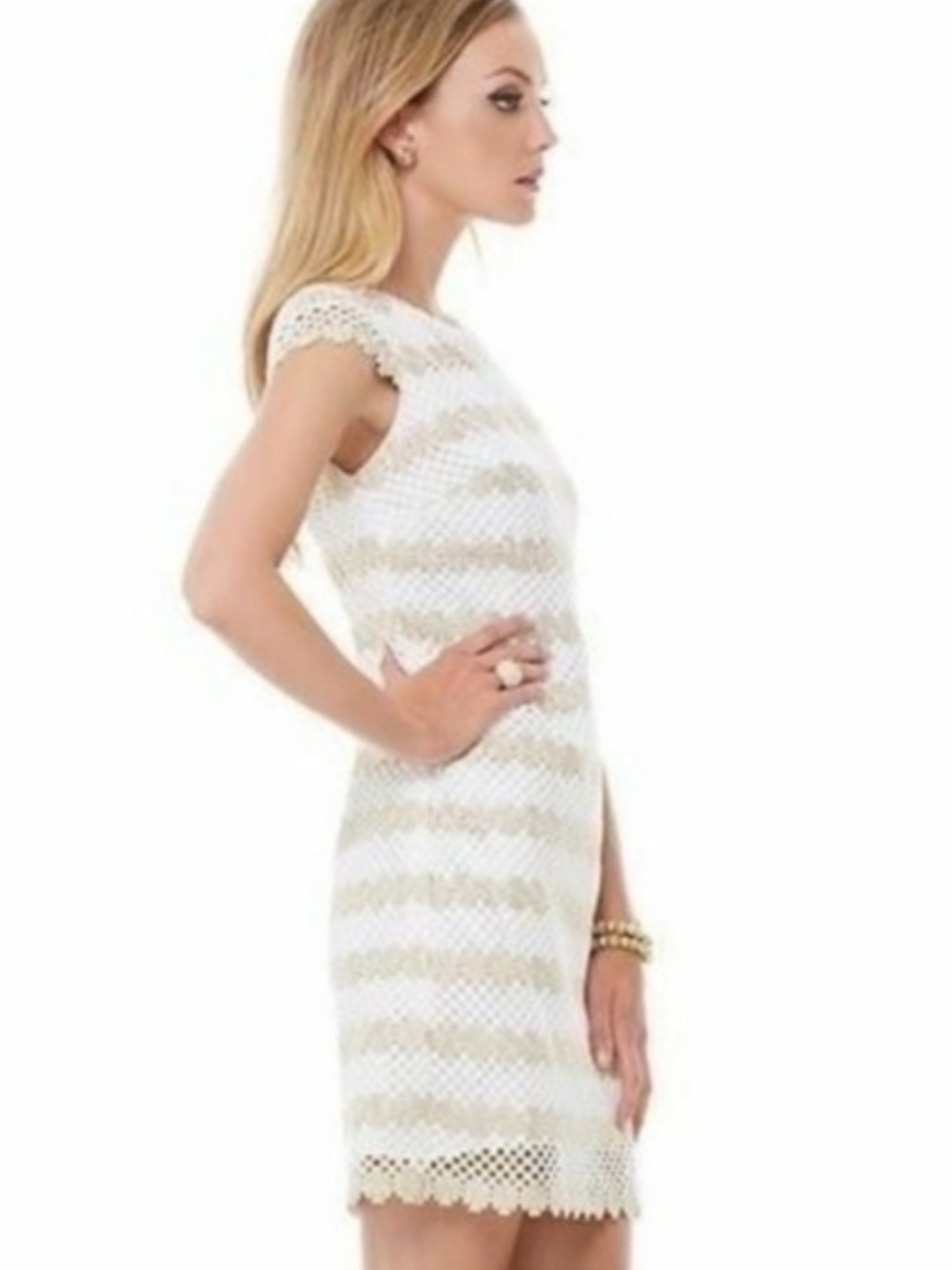 Lilly Pulitzer Cream and Gold Lace-Striped Cap-Sleeve Shift Dress - Picture 2 of 5